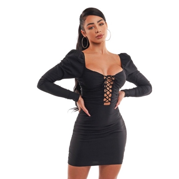 Lace-up Puff Mini Bodycon Dress - Picture 3 of 5